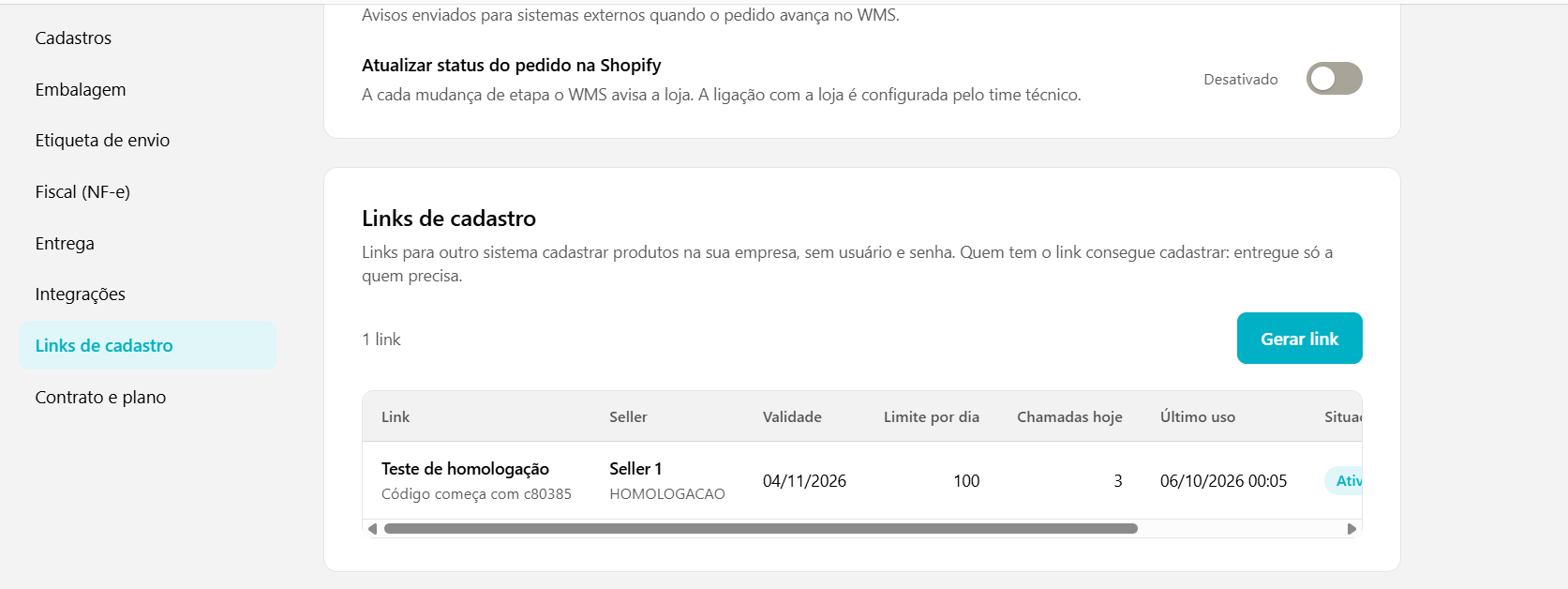 Seção Links de cadastro da tela Minha empresa, com a lista de links e o botão Gerar link