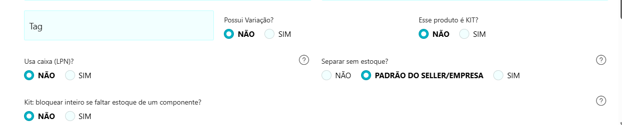 Janela Editar Produto com as perguntas Possui variação, Esse produto é KIT, Usa caixa (LPN), Separar sem estoque (com PADRÃO DO SELLER/EMPRESA marcado) e, abaixo, Kit: bloquear inteiro se faltar estoque de um componente, com NÃO marcado