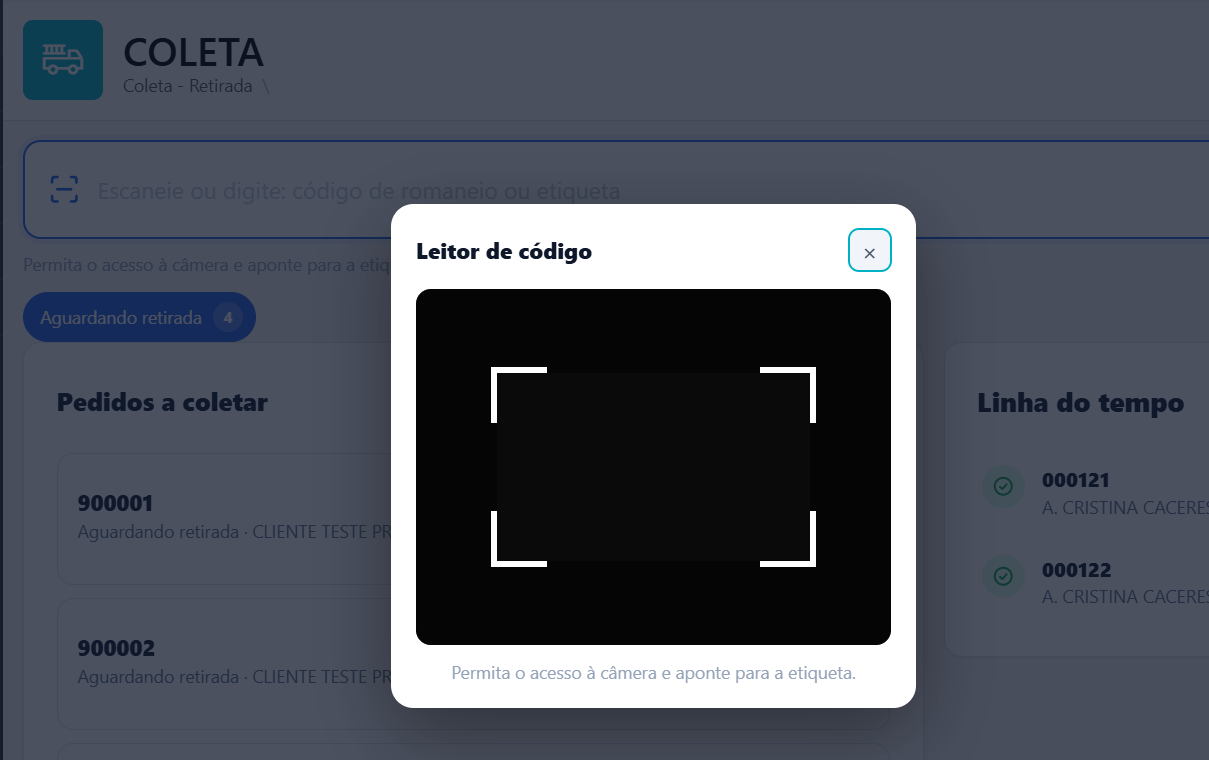Janela Leitor de código com a imagem da câmera e a instrução para apontar para o código de barras ou QR