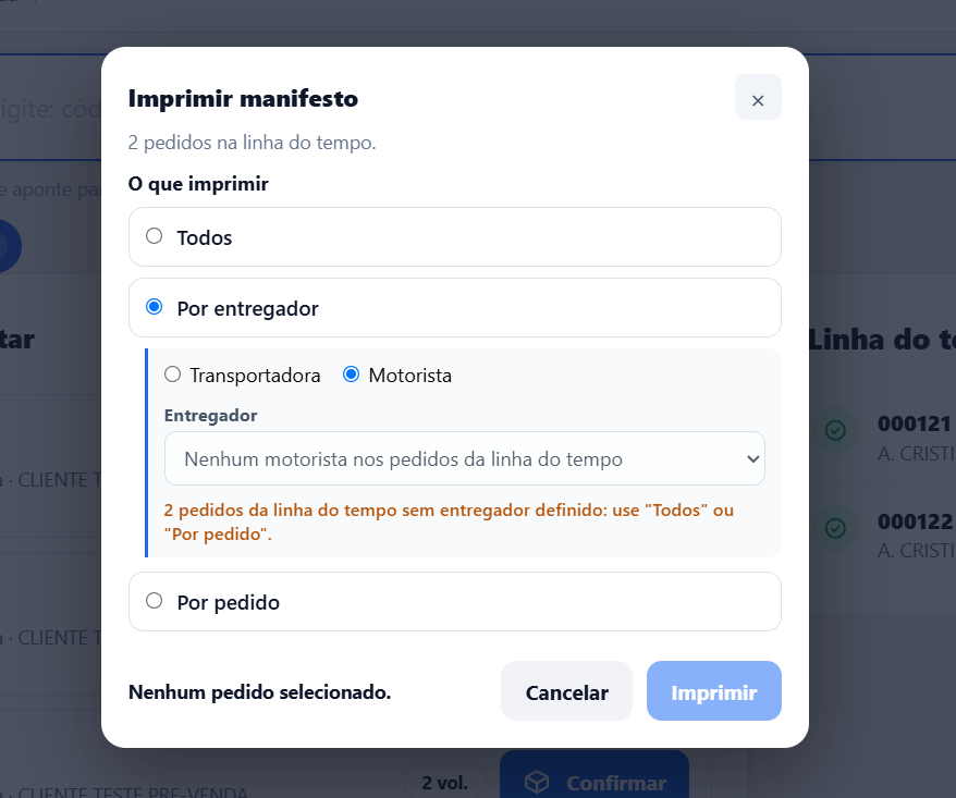 Janela Imprimir manifesto com a opção Por entregador marcada, a escolha entre Transportadora e Motorista, a lista Entregador sem nenhum motorista e o aviso de que 2 pedidos da linha do tempo estão sem entregador definido