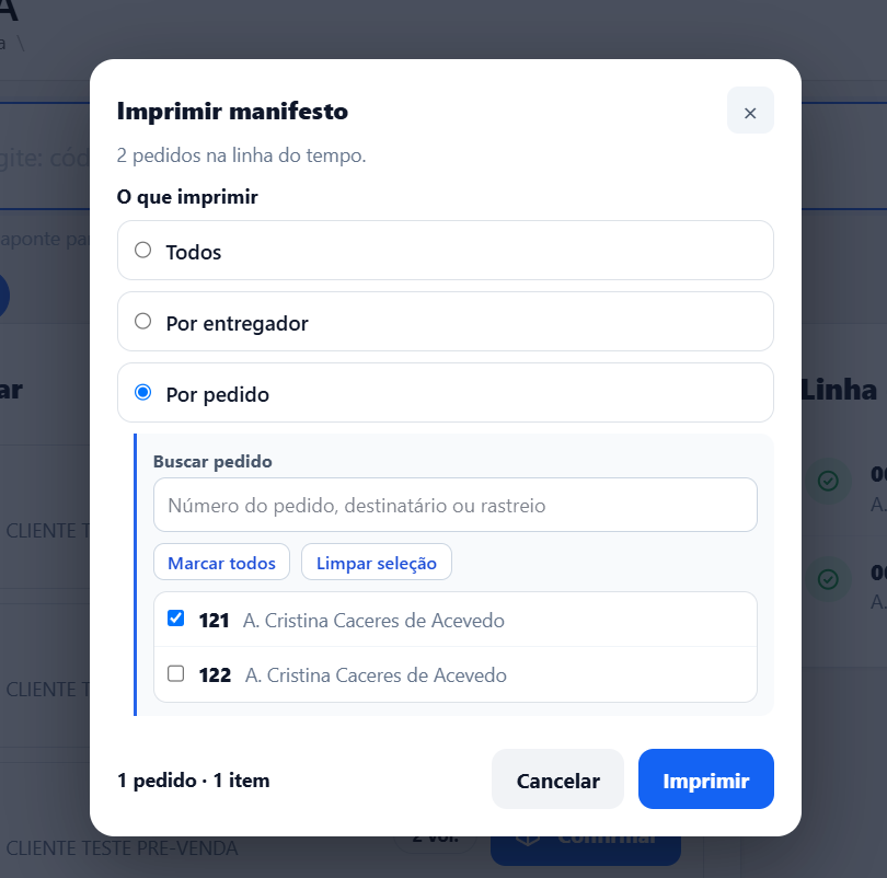 Janela Imprimir manifesto com a opção Por pedido marcada, o campo Buscar pedido, os botões Marcar todos e Limpar seleção e a lista com os pedidos 121 (marcado) e 122; o resumo mostra 1 pedido e 1 item
