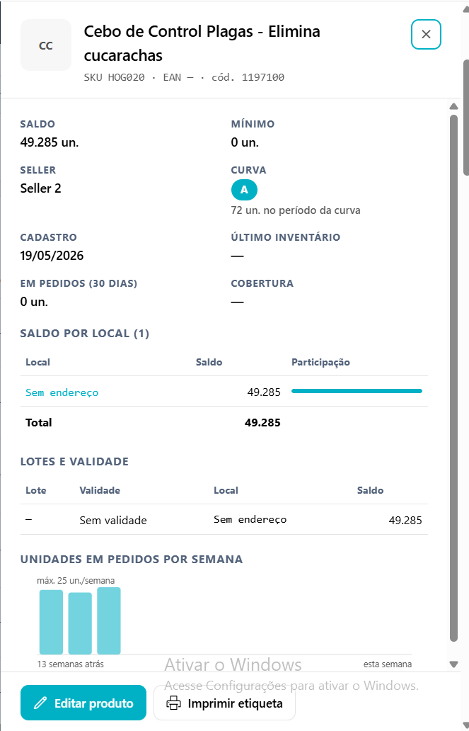 Detalhe do produto com nome e códigos, os quadros Saldo, Mínimo, Seller, Curva, Cadastro, Último inventário, Em pedidos e Cobertura, as listas Saldo por local e Lotes e validade e o gráfico de unidades em pedidos por semana