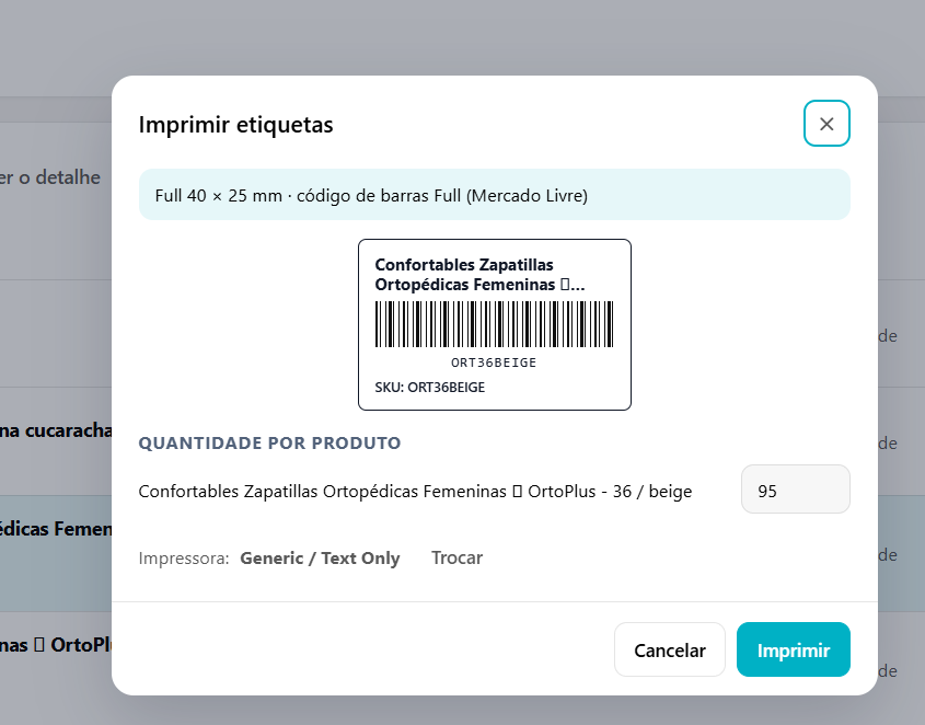 Janela de etiquetas com o modelo, a prévia da etiqueta, a linha Impressora com o botão Trocar, a quantidade por produto e o botão Imprimir