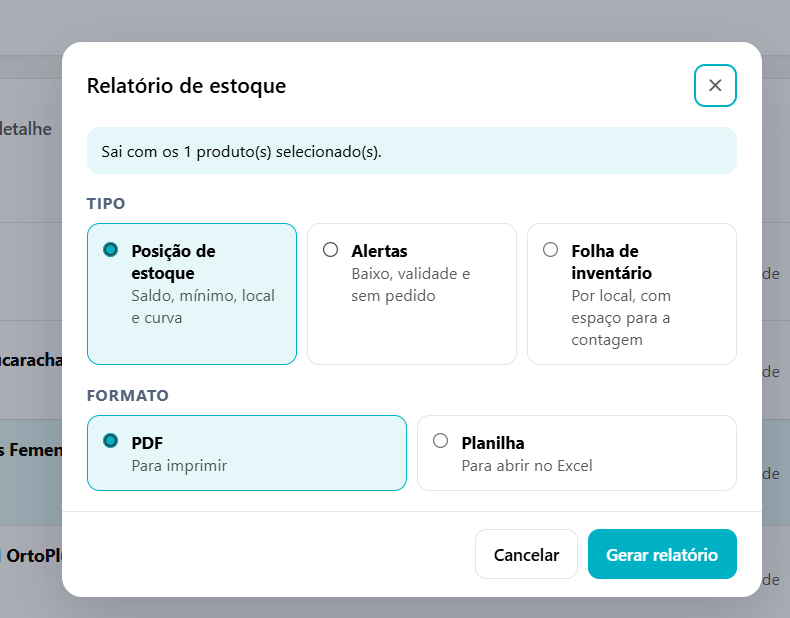 Janela do relatório com os tipos Posição de estoque, Alertas e Folha de inventário, os formatos PDF e Planilha e o botão Gerar relatório