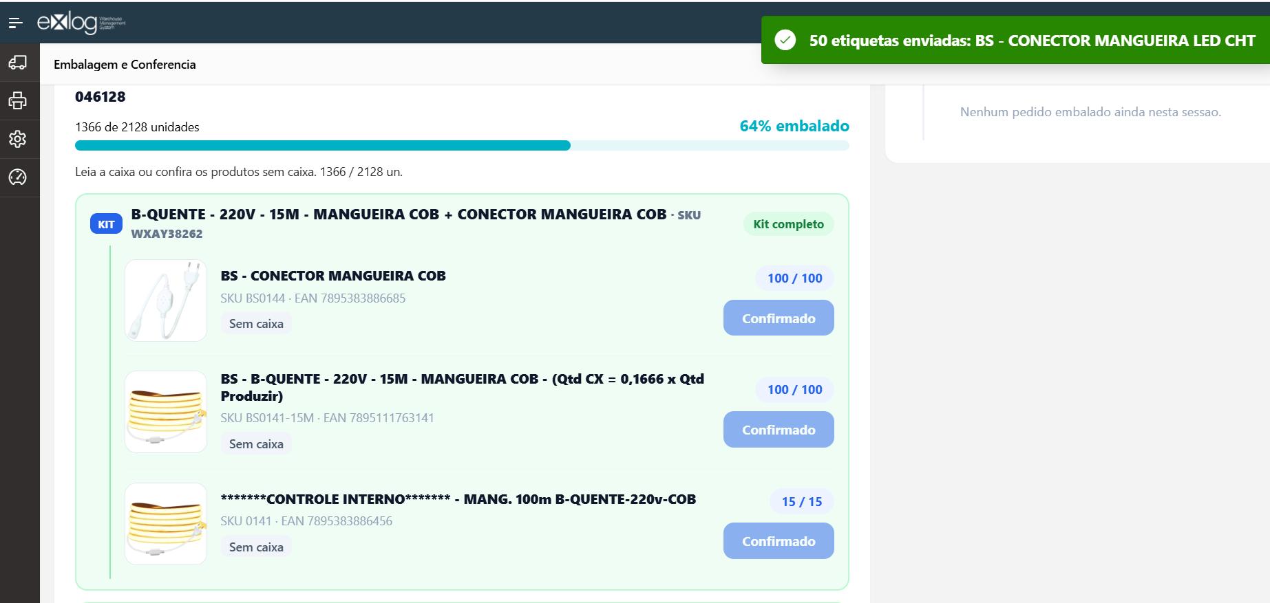 Pedido 046128 com 1366 de 2128 unidades e 64% embalado; bloco do kit B-QUENTE 220V 15M com três componentes confirmados e o selo Kit completo; aviso verde 50 etiquetas enviadas