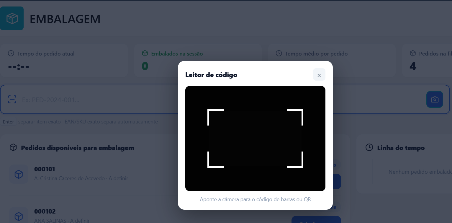 Modal Leitor de código com visor da câmera e instrução: aponte a câmera para o código de barras ou QR
