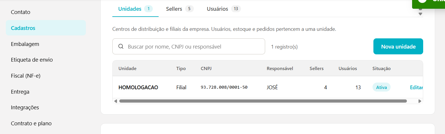 Seção Cadastros com as abas Unidades, Sellers e Usuários, o campo de busca, o botão Nova unidade e a lista de unidades