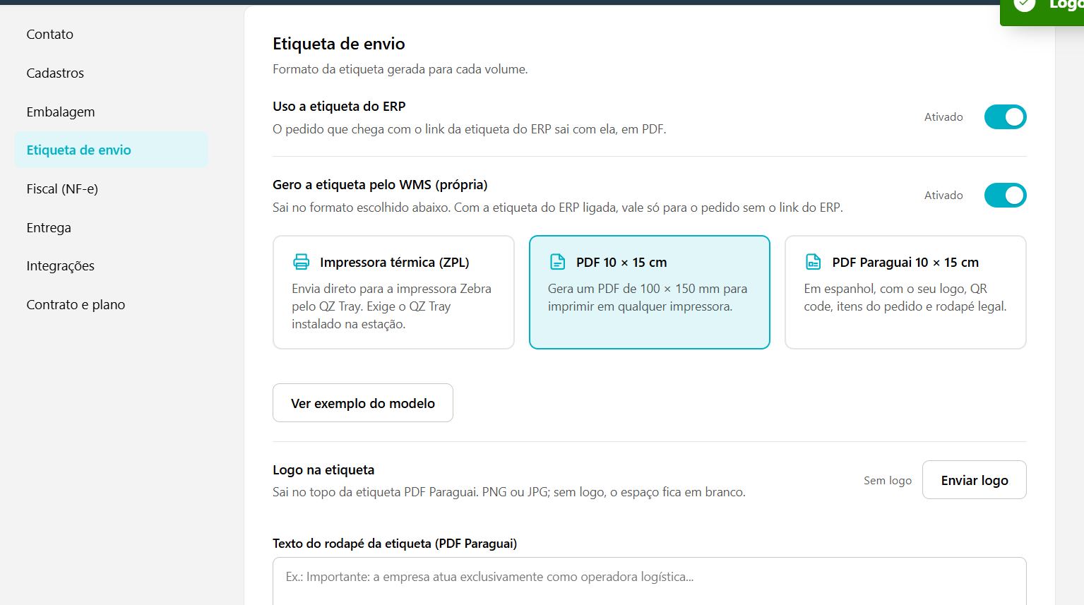 Seção Etiqueta de envio com as chaves Uso a etiqueta do ERP e Gero a etiqueta pelo WMS, os três modelos, o botão Ver exemplo do modelo, o logo e o texto do rodapé