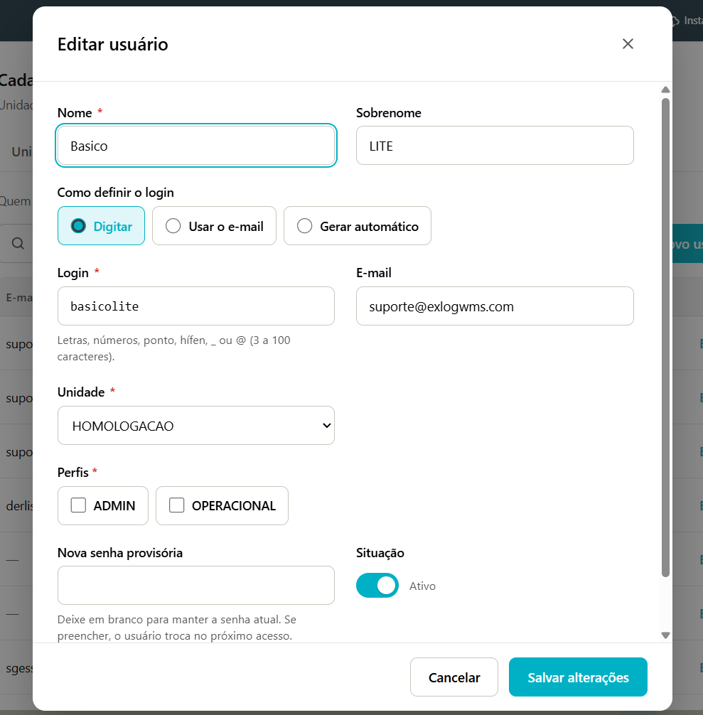 Janela Editar usuário com os campos Nome, Sobrenome, Como definir o login, Login, E-mail, Unidade, Seller, Perfis, Nova senha provisória e Situação, e os botões Cancelar e Salvar alterações