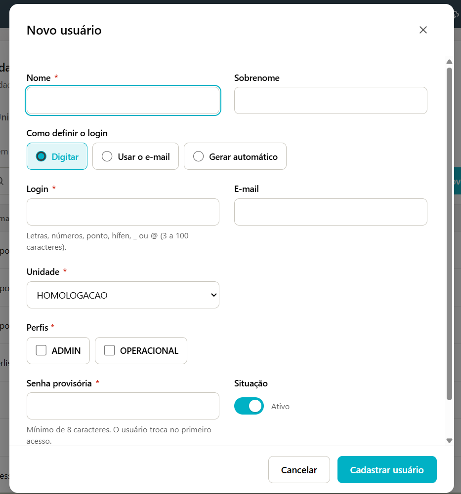 Janela Novo usuário com os campos Nome, Sobrenome, Como definir o login (Digitar, Usar o e-mail, Gerar automático), Login, E-mail, Unidade, Seller, Perfis, Senha provisória e Situação