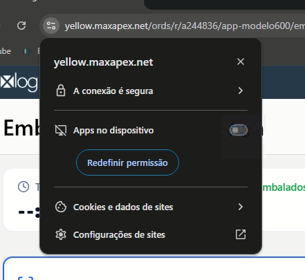 Painel do Chrome aberto pelo ícone ao lado do endereço, com a opção Apps no dispositivo desligada e o botão Redefinir permissão