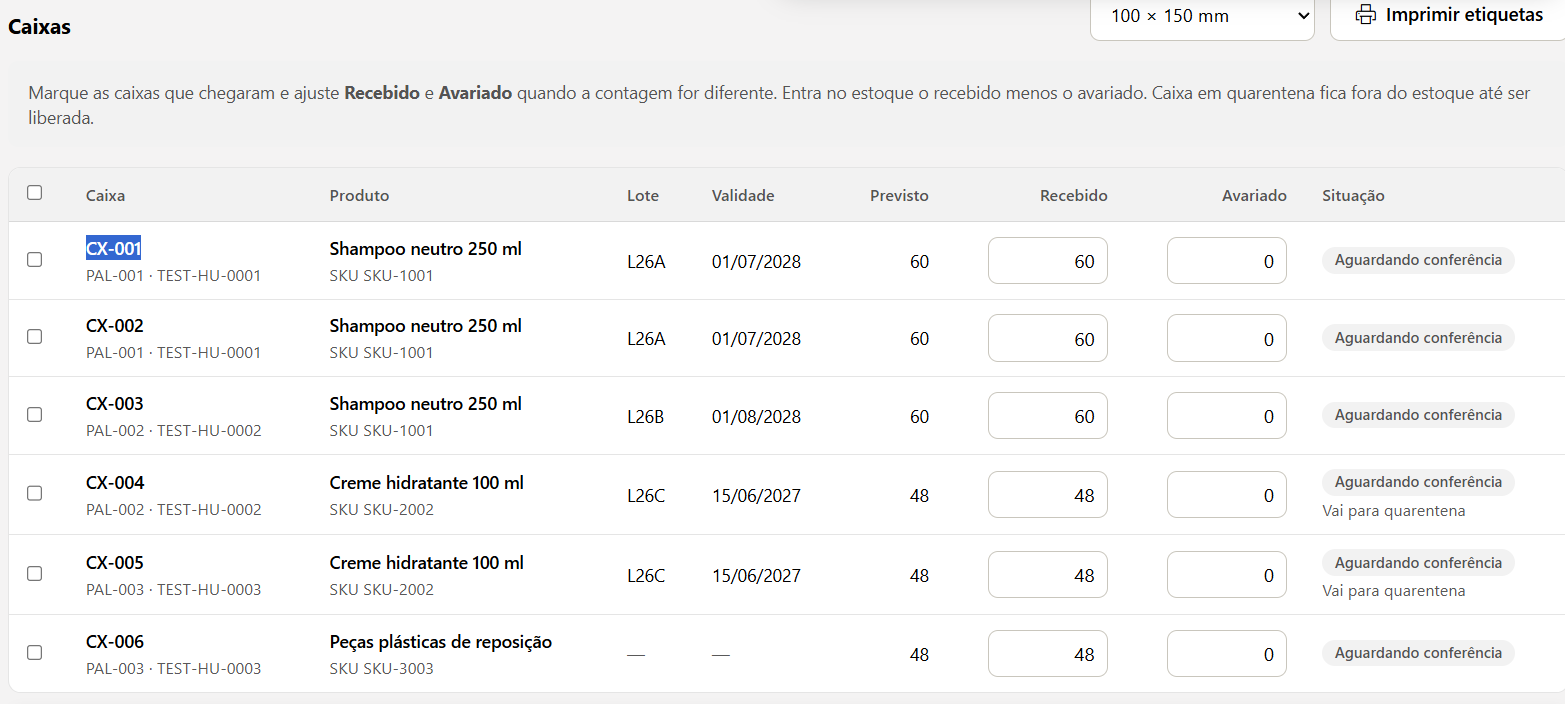 Lista de caixas aguardando conferência, com os campos Recebido e Avariado, o aviso Vai para quarentena em duas caixas e o tamanho da etiqueta