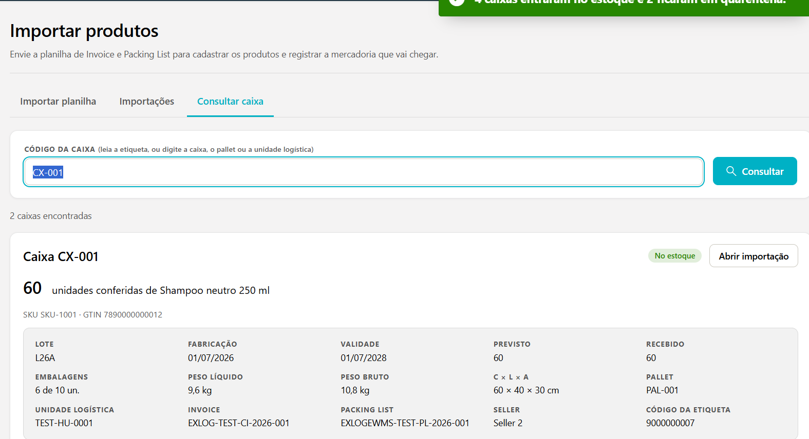 Aba Consultar caixa com o código CX-001 pesquisado e o resultado: caixa No estoque, 60 unidades conferidas, lote, validade, pesos, pallet, Invoice, Packing List, seller e código da etiqueta, com o botão Abrir importação