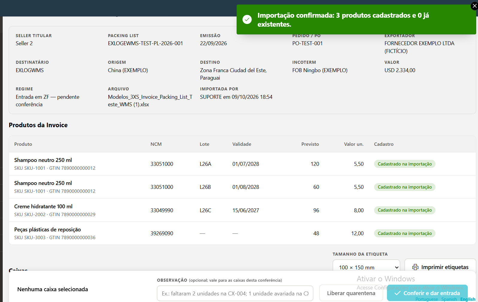 Detalhe da importação logo depois de confirmar, com a mensagem Importação confirmada, os dados do documento e os produtos da Invoice marcados como Cadastrado na importação