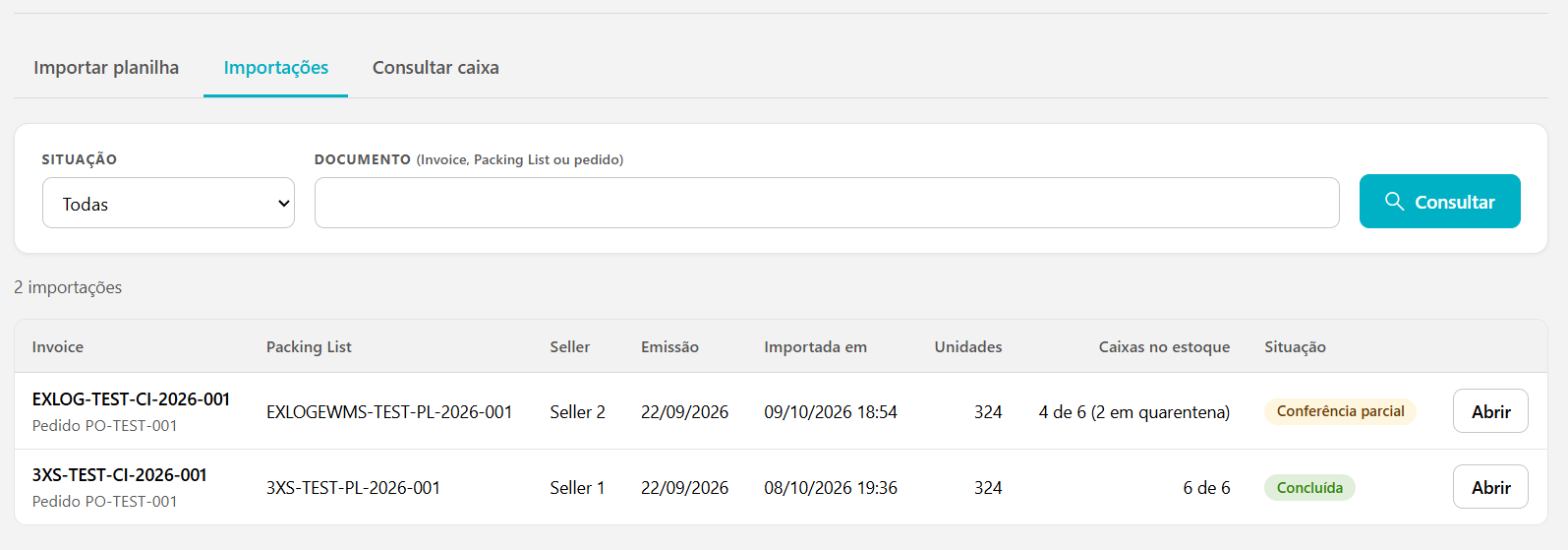 Aba Importações com os filtros de situação e documento e a lista com duas importações, uma em Conferência parcial com 4 de 6 caixas no estoque e outra Concluída, cada uma com o botão Abrir