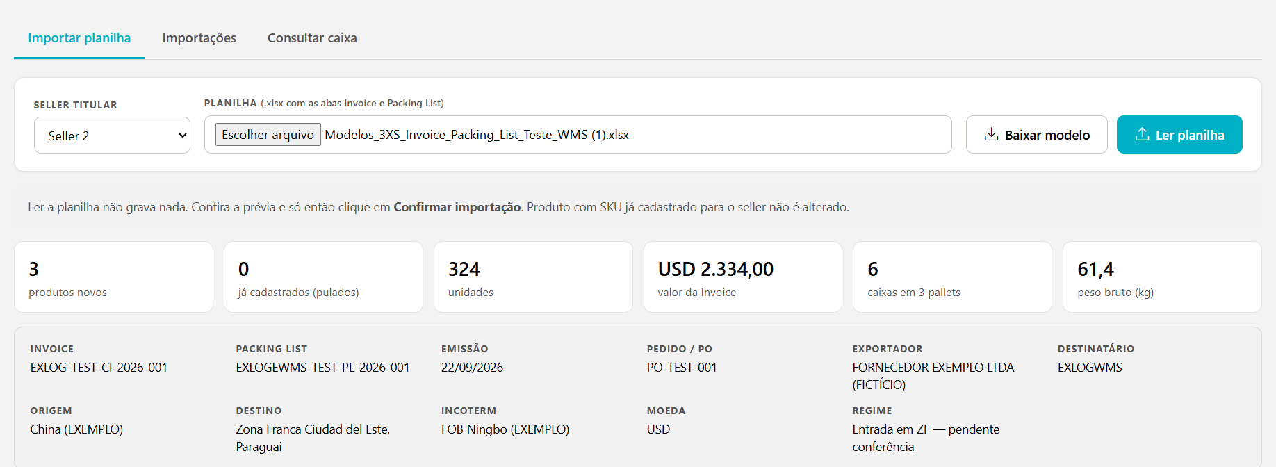 Prévia da importação com os totais de produtos novos, já cadastrados, unidades, valor da Invoice, caixas e peso bruto, e os dados do documento