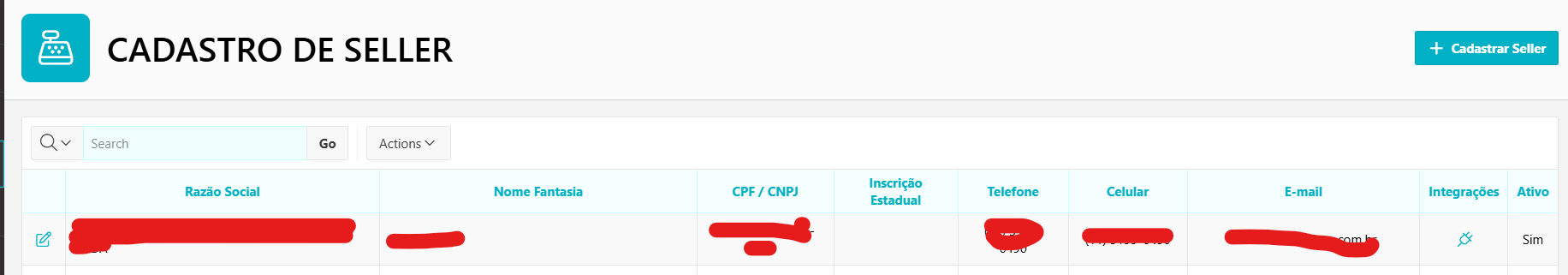 Tela Cadastro de Seller com a coluna Integrações e o ícone de tomada na linha do seller