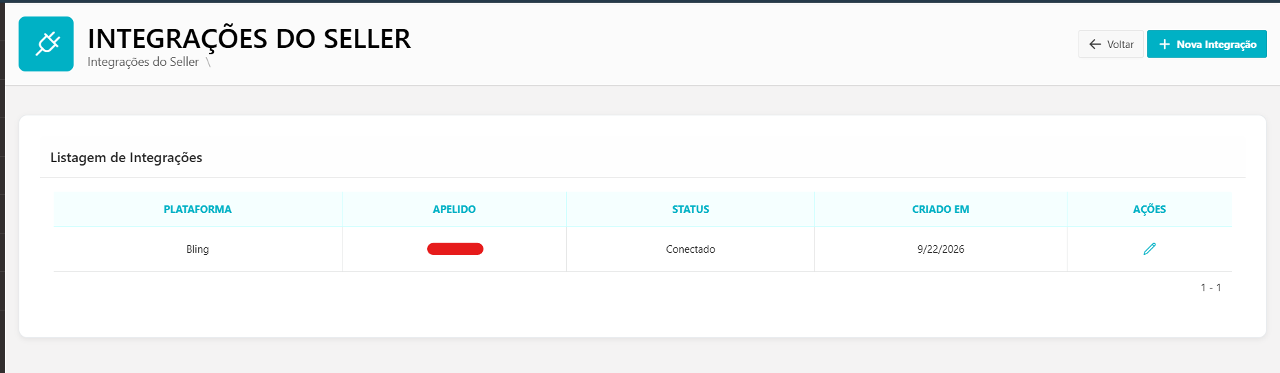 Listagem de Integrações com a integração Bling na situação Conectado