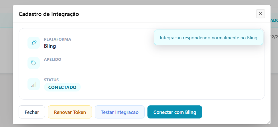 Resumo da conexão depois de clicar em Testar Integração, com o aviso Integração respondendo normalmente no Bling no canto superior direito