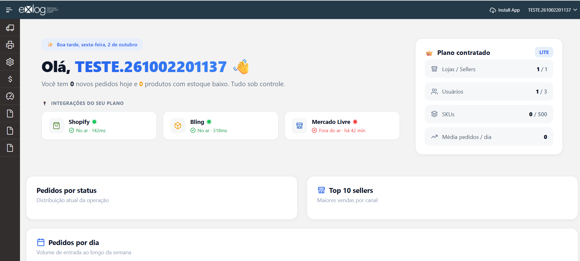 Tela inicial do ExlogWMS depois do primeiro login, com a saudação ao usuário, as integrações do plano e o quadro Plano contratado com lojas e sellers, usuários, SKUs e média de pedidos por dia