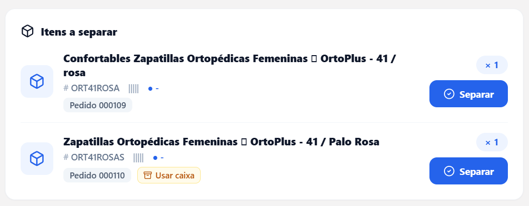 Fila Itens a separar com dois produtos: o do Pedido 000109 sem etiqueta e o do Pedido 000110 com a etiqueta Usar caixa ao lado do número do pedido