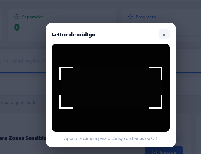 Modal Leitor de código com visor da câmera e instrução: aponte a câmera para o código de barras ou QR