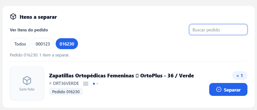 Barra Ver itens do pedido acima da lista Itens a separar, com o botão Todos, os botões dos pedidos, um pedido selecionado em azul, o campo Buscar pedido e o resumo com a quantidade de itens a separar