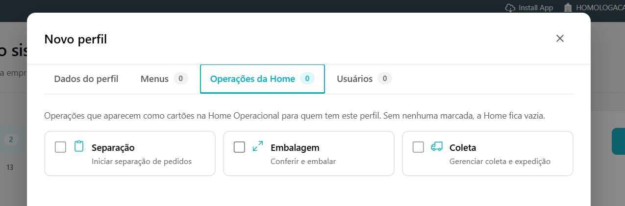 Janela do perfil na aba Operações da Home com os cartões Separação, Embalagem e Coleta, cada um com uma caixa de seleção