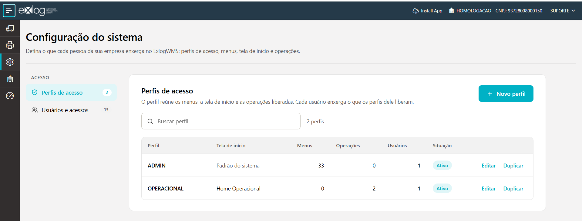 Tela Configuração do sistema com as áreas Perfis de acesso e Usuários e acessos à esquerda e a lista de perfis com tela de início, menus, operações, usuários e situação